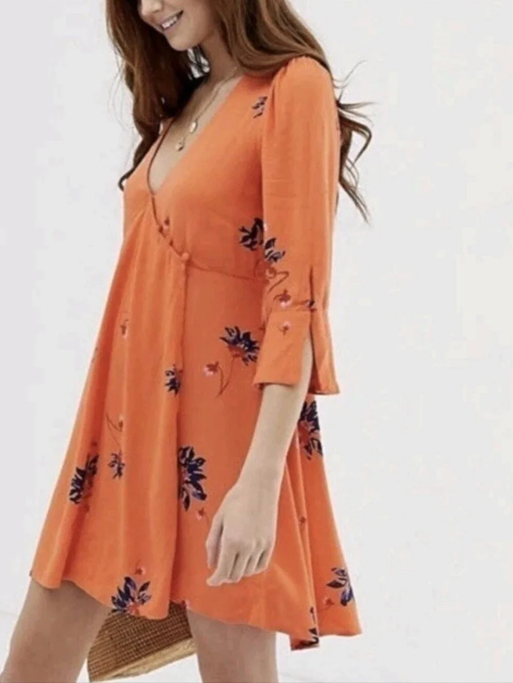 New Free People Orange Floral Wrap Front Bell Sleeve Swing Dress XS